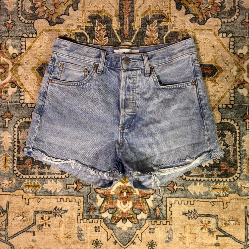 Denim Forum The Yoko Hi-Rise Micro Short Light Wash Blue Jean Shorts 26 Aritzia
